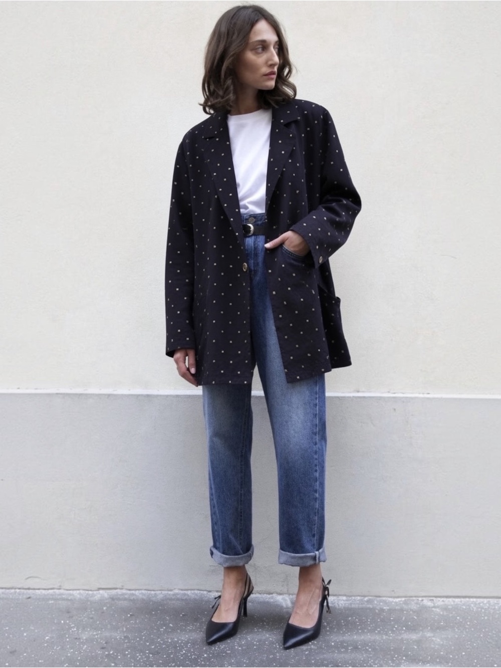 VTG 90s Slouchy Black Gold Metallic Blazer Lightweight Layering Oversized 80s